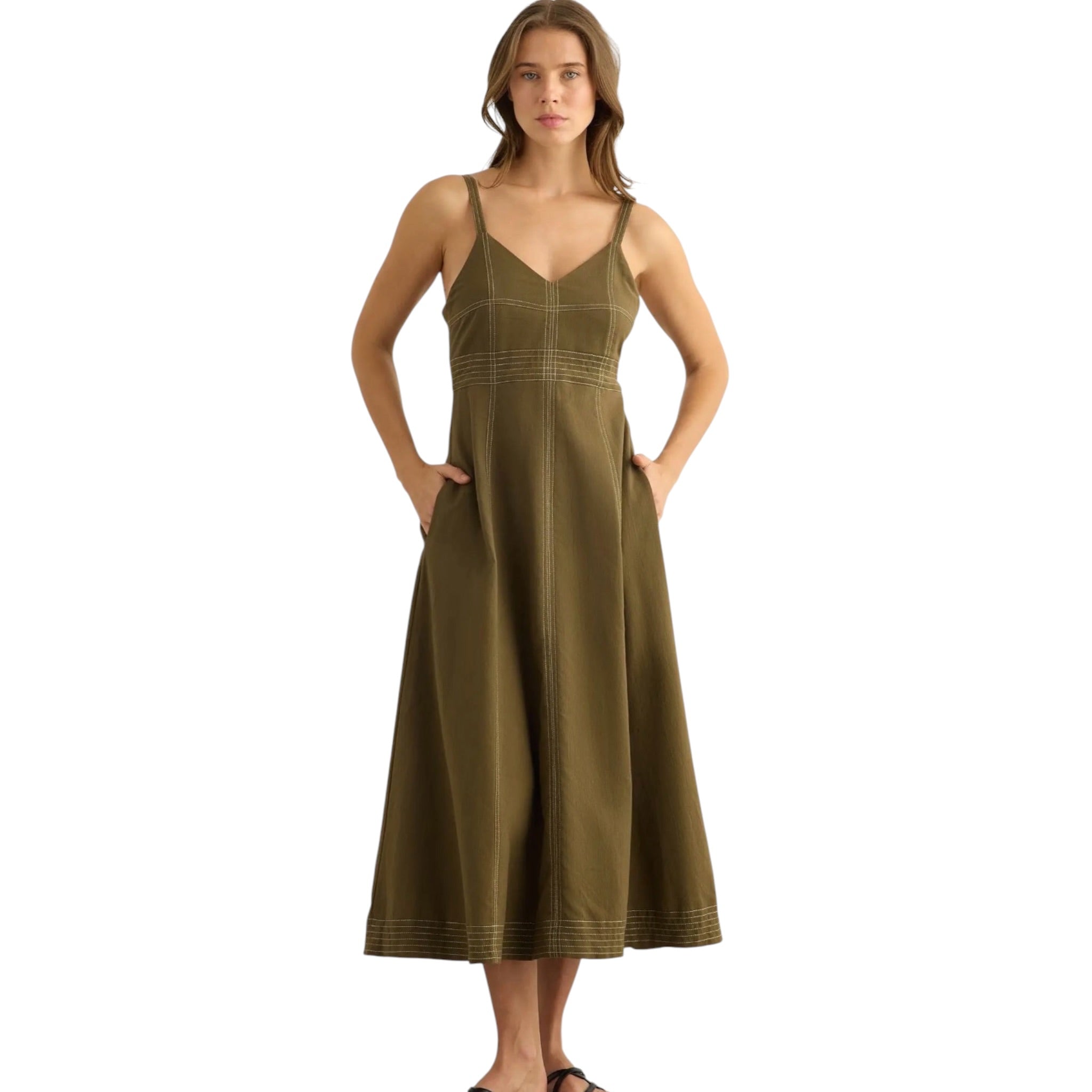 The Handloom Eva Khaki Midi Dress