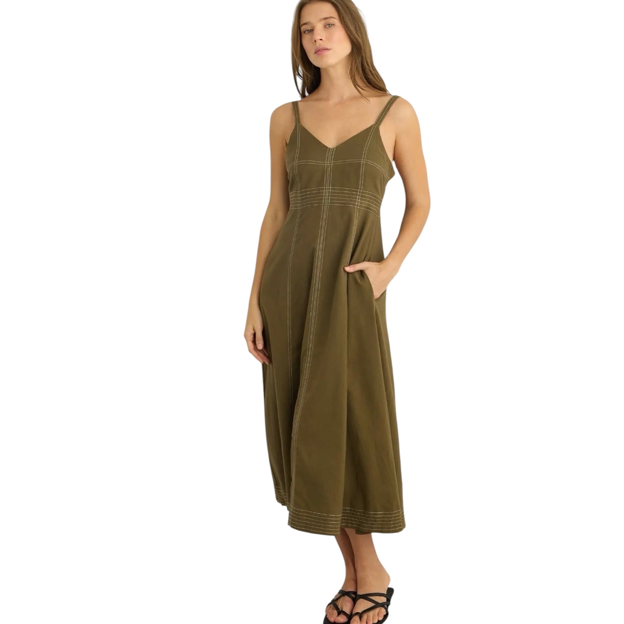 The Handloom Eva Khaki Midi Dress
