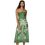 Farm Rio Green Palm Tree Embroidered Midi Dress