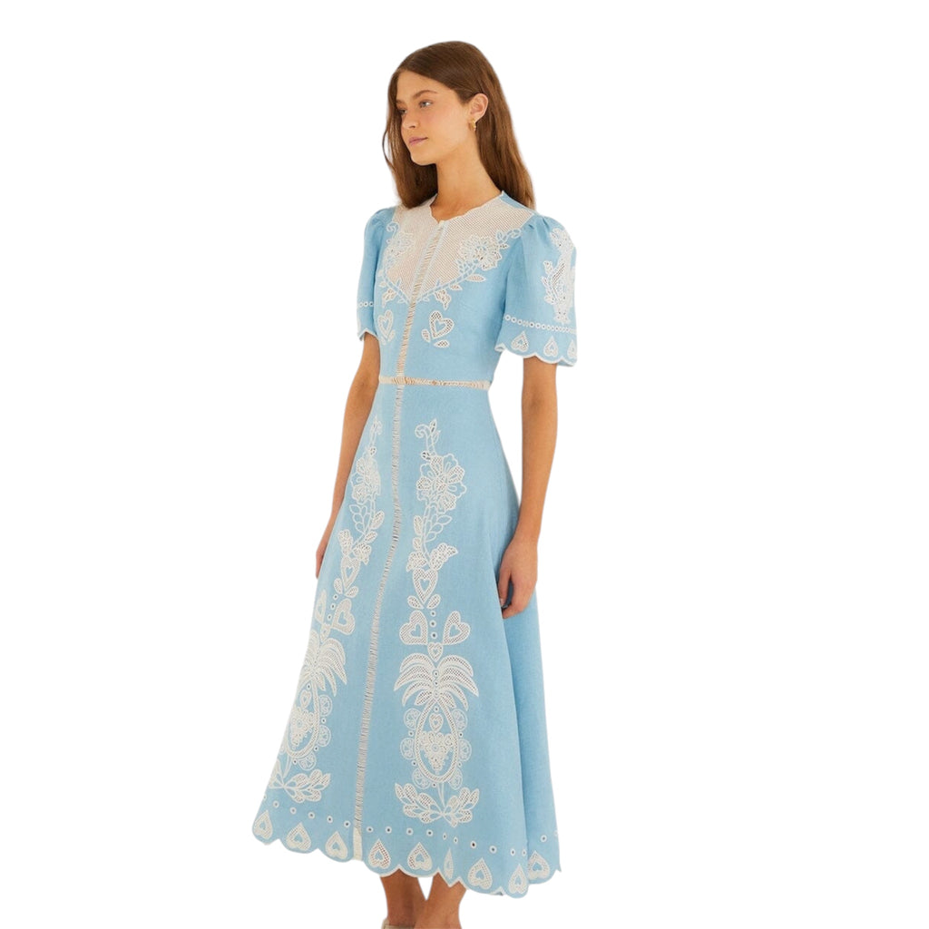 Farm Rio Light Blue Embroidered Linen Midi Dress