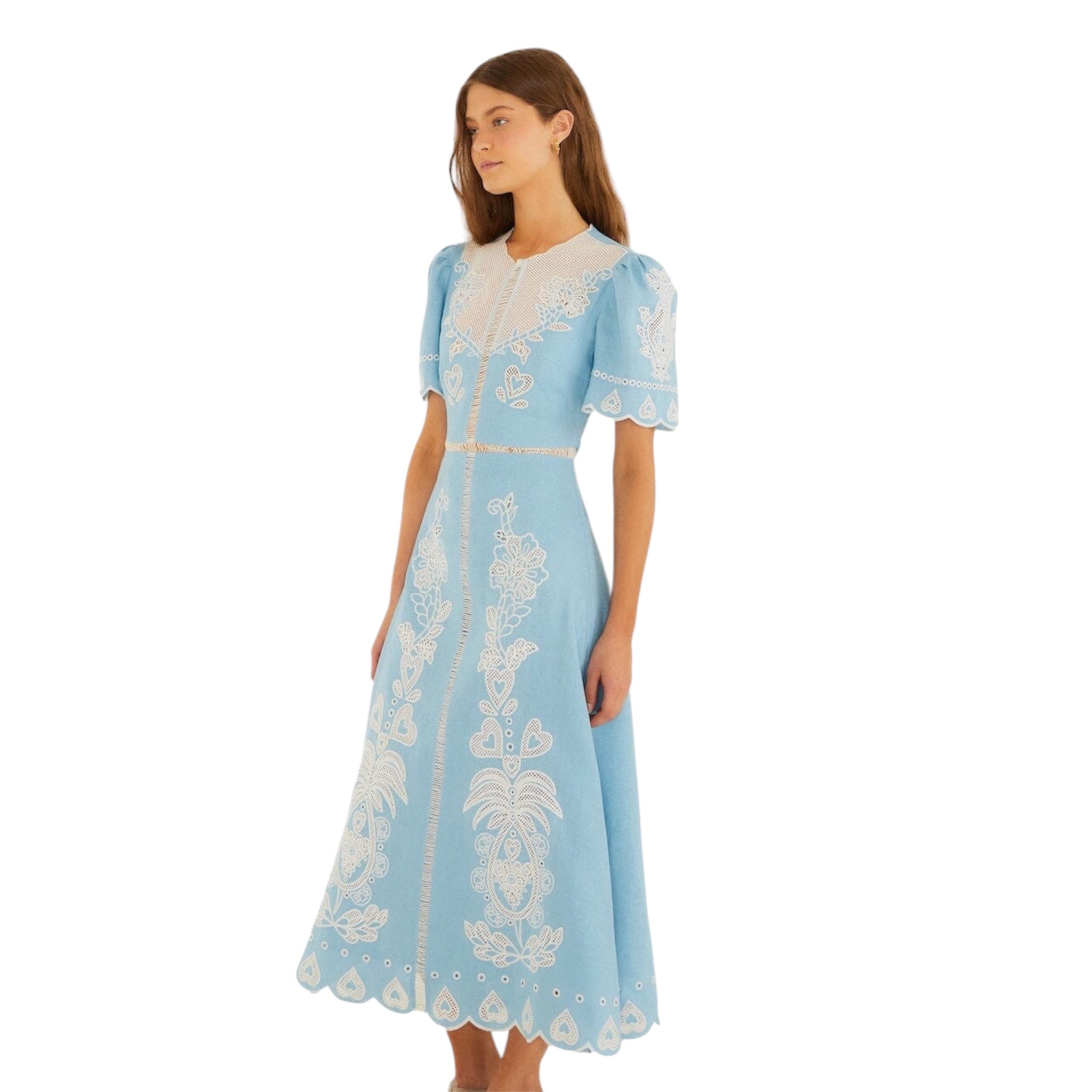 Farm Rio Light Blue Embroidered Linen Midi Dress