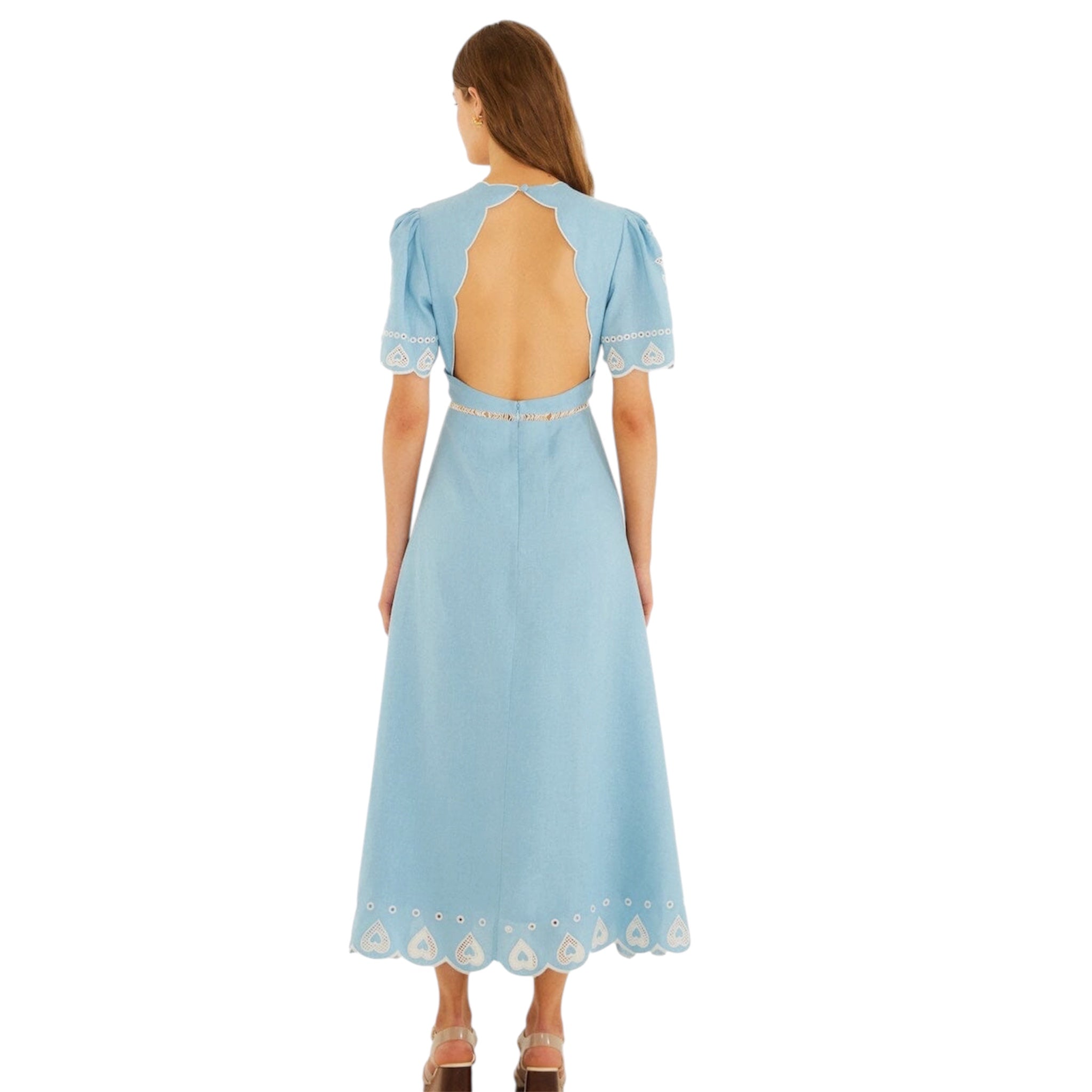 Farm Rio Light Blue Embroidered Linen Midi Dress