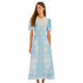 Farm Rio Light Blue Embroidered Linen Midi Dress