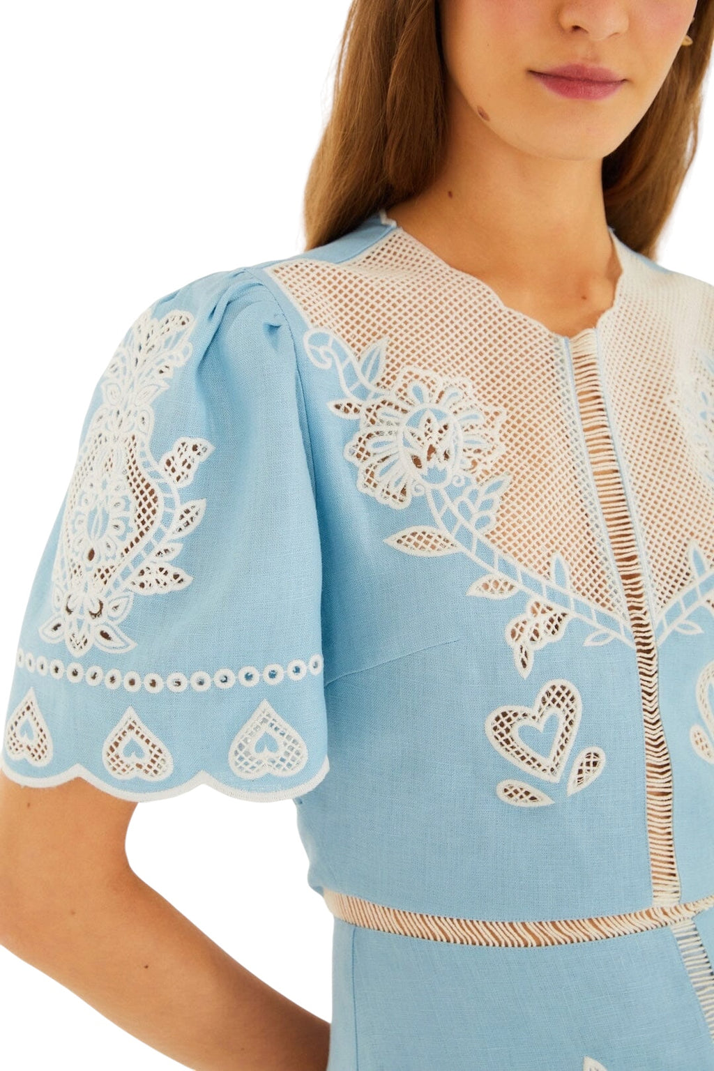 Farm Rio Light Blue Embroidered Linen Midi Dress