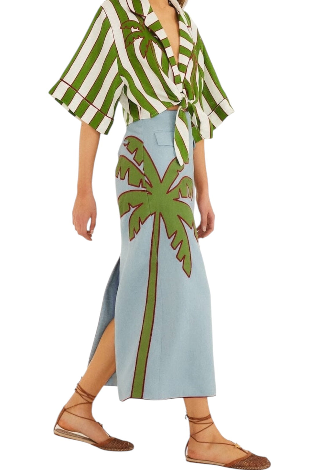 Farm Rio Blue Embroidered Palm Tree Skirt