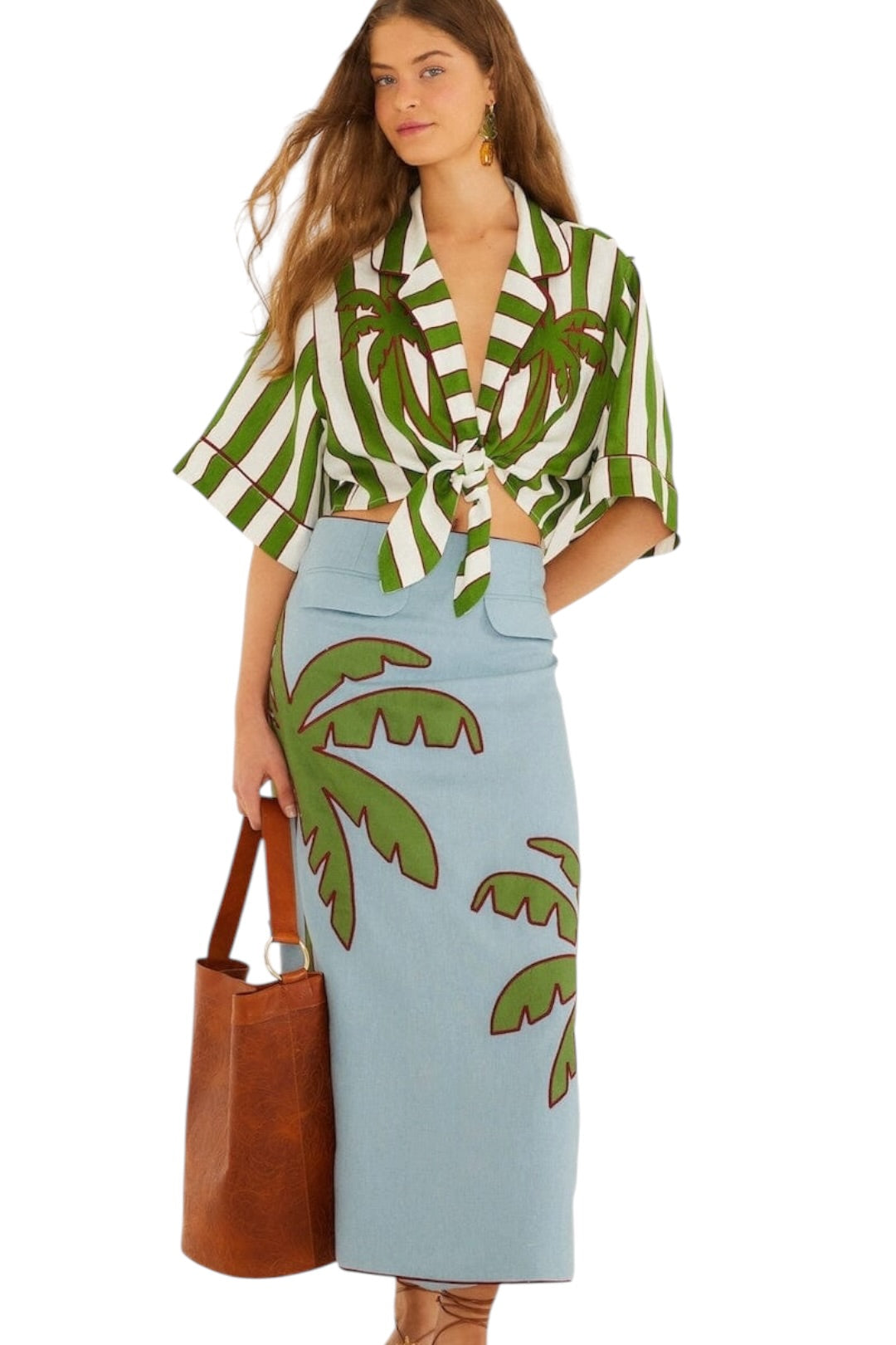 Farm Rio Blue Embroidered Palm Tree Skirt