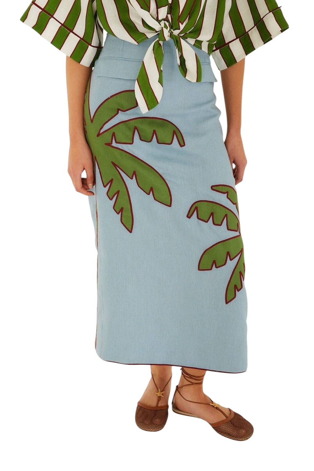 Farm Rio Blue Embroidered Palm Tree Skirt